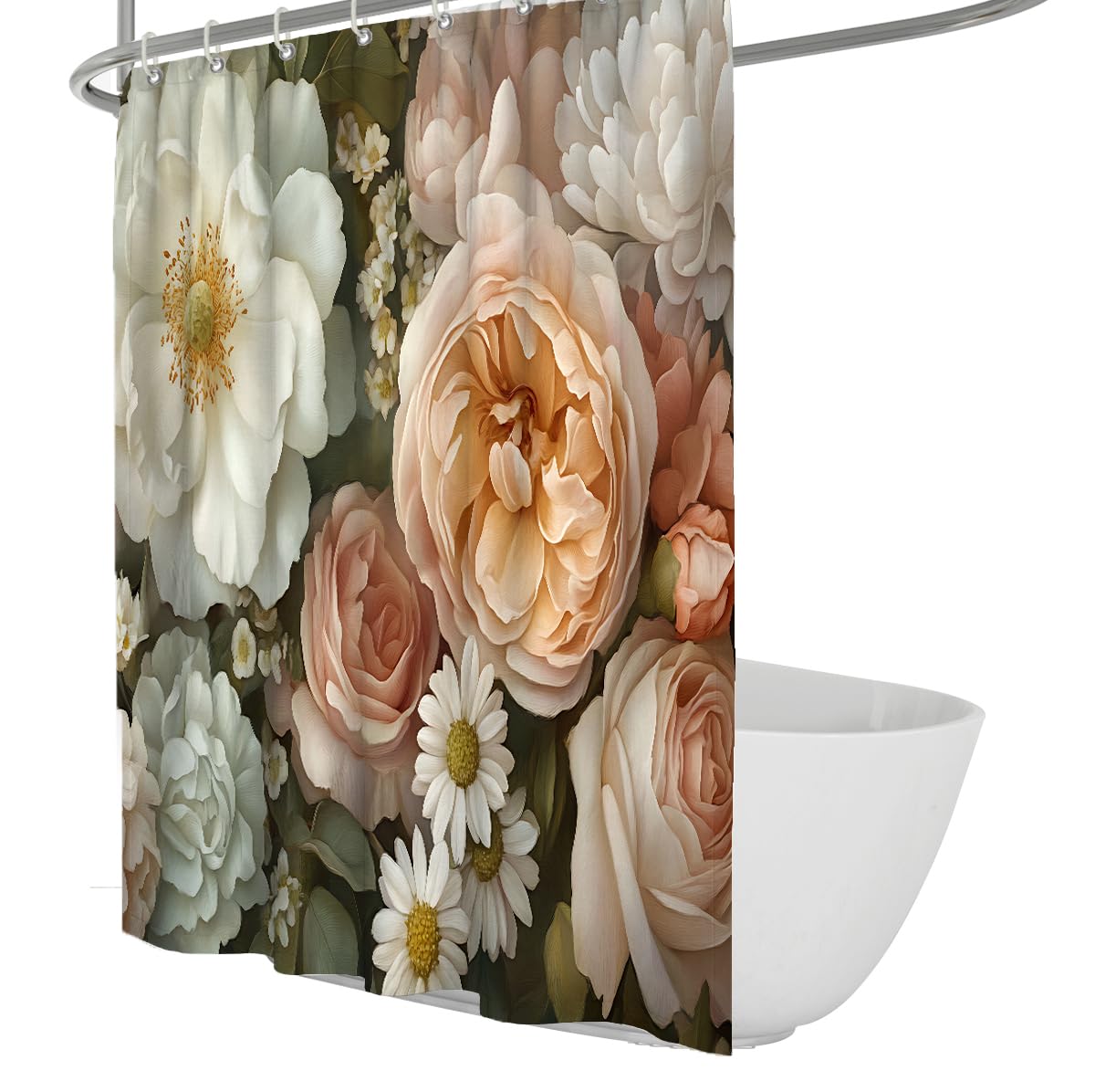 Rideau douche fleurs peinture huile baroque rose marguerite W220xL180 cm