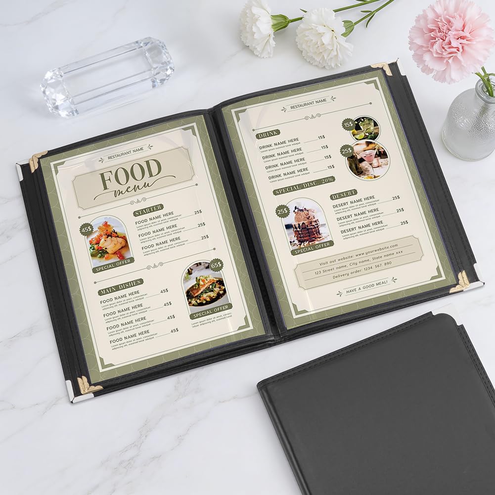 FINGERINSPIRE 2 Stück Speisekartenmappe Im A4 Format Aus PU Leder Mit Klarsichthüllen 4 Seite 8 Anzeigen Schwarz Fleckenabweisend Austauschbare Seiten Ideal Für Cafés Bistros Und Bars