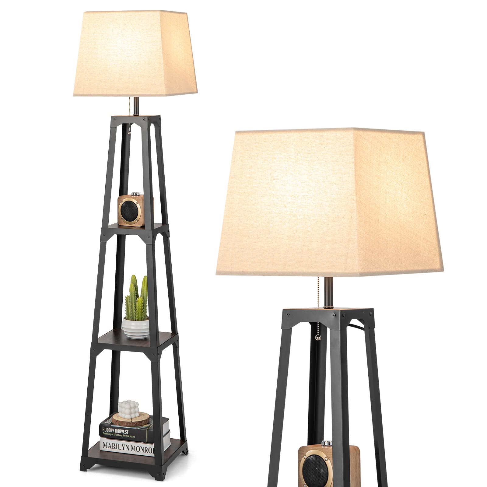 COSTWAY Floor Lap With Shelves, Tall Standing Light With 4 Rotatable