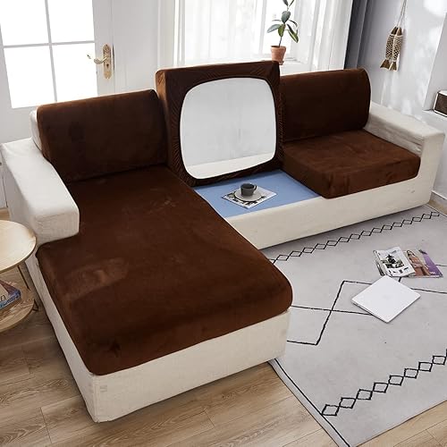 Miniatura 9 de vctops Fundas elásticas de terciopelo para respaldo de sofá de 3 cojines, fundas antideslizantes en forma de L, fundas de sofá de color sólido,