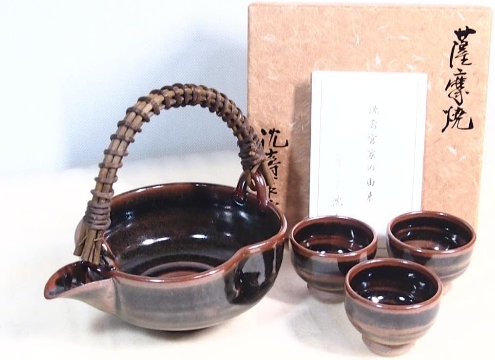 【未使用】薩摩焼 沈壽官窯 十五代沈壽官 酒次＆盃3客 千代香/銚子/片口 酒器 薩摩焼 沈壽官窯 十五代沈壽官 酒次＆盃3客 千代香銚子片口 酒器