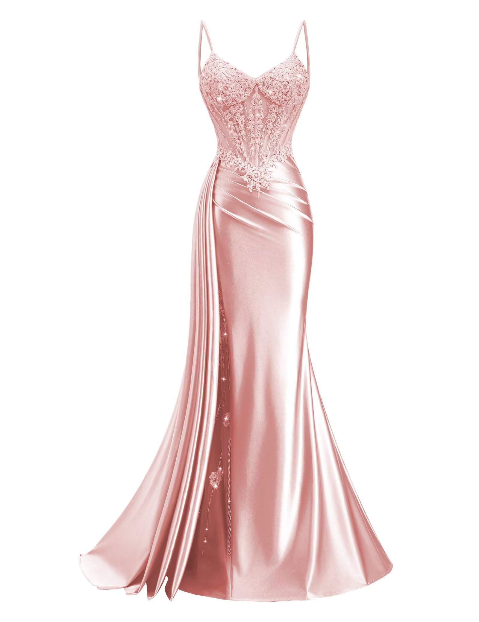 MYDRESS Mermaid Prom Dresses with Train 2026 Long Beaded Pleated Satin Formal Dress for Women