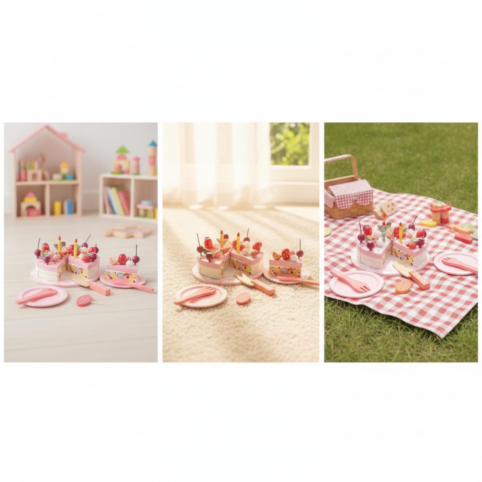 F Fityle Pastel de Cumpleaños de Juguete para Niños con Torta para Cortar Set de Cocina de Madera Platos Cuchillo y Cubiertos Decoraciones de Crema y Frutas