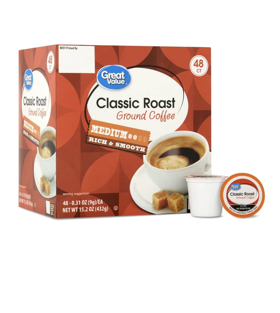 Great Value Classic Roast Ground Coffee Pods, 0.31 oz, 48 Count (Each)