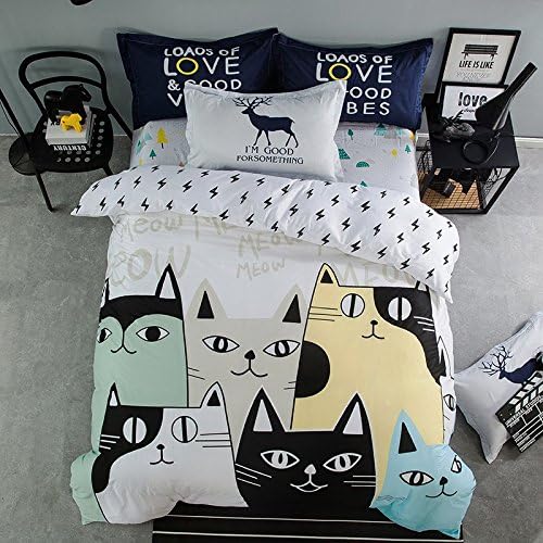 Cliab Cat Print Bedding Twin Black and White Girls Sheets 100% Cotton Duvet Cover Set 3 Pieces