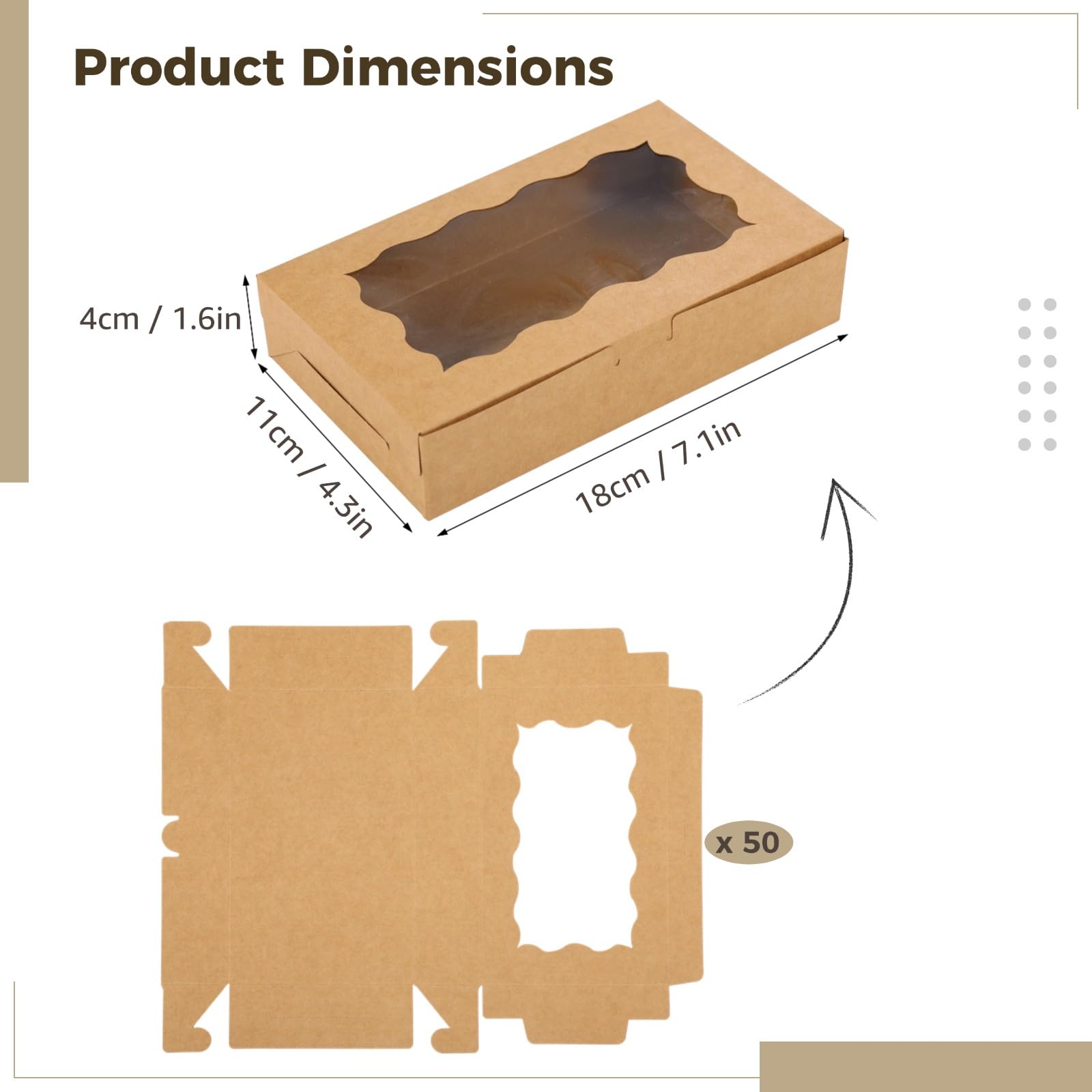 Generisch 50 cajas de galletas kraft con ventana, 7,1 x 4,3 x 1,6 pulgadas, caja de galletas de papel kraft, caja de almacenamiento marrón para pasteles, postres, dulces, donas, vacaciones y regalos
