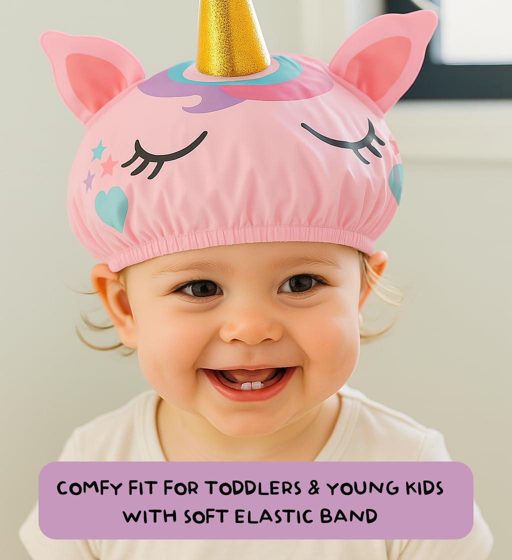 Cute Shower Cap for Kids, Kids Shower Cap for Girls, Cute Waterproof Kid Hat for Girl, Reusable - Unicorn Design