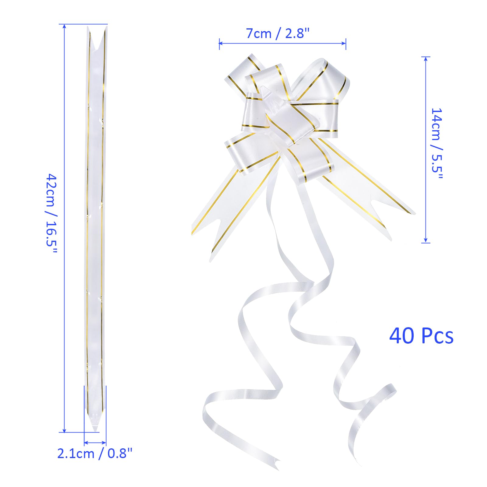 M METERXITY 40 Pack Pull Bows - Gold Thread Style Present Wrap String Bow, (2.8" White) - Image 3