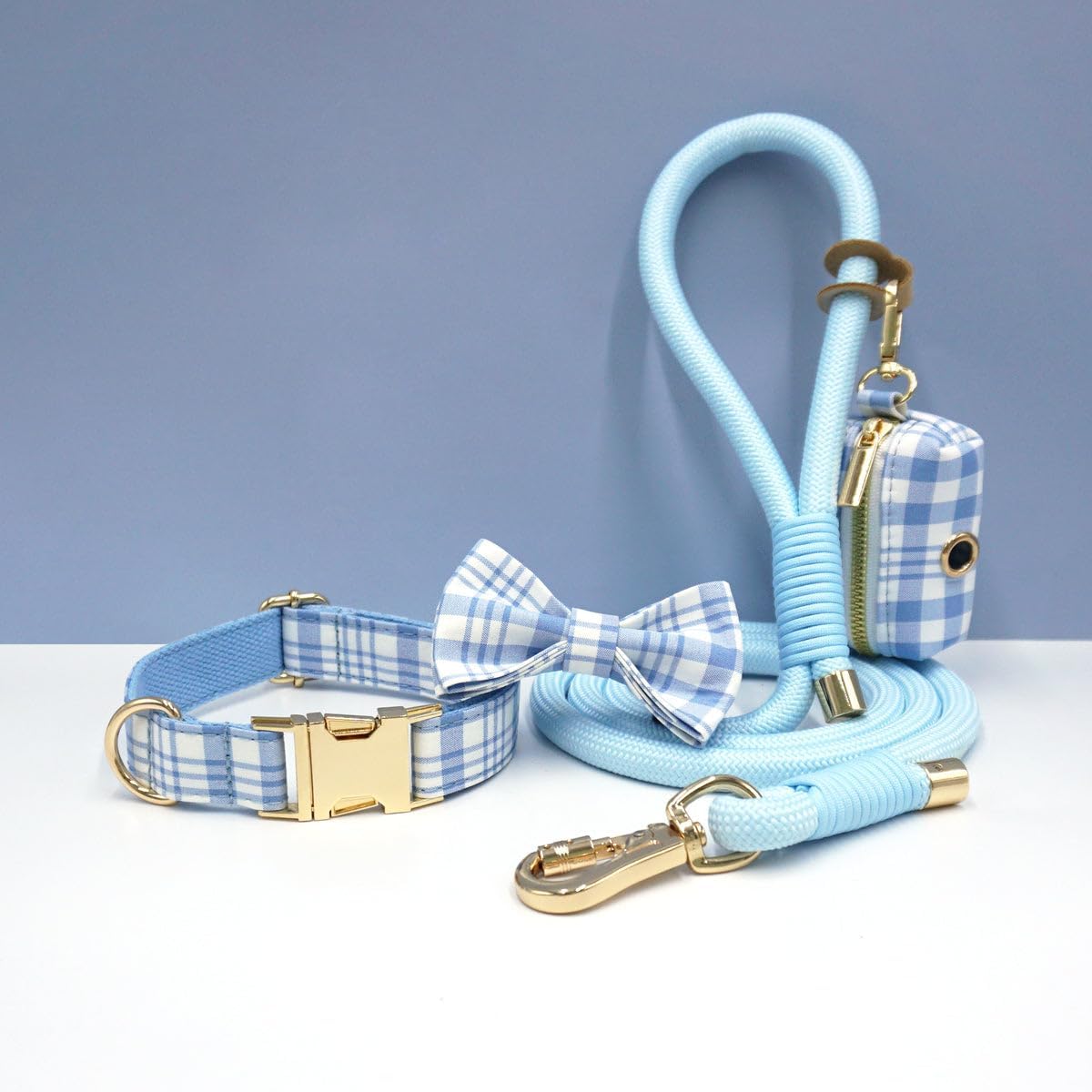 Personalized Plaid Dog Walking Set with Collar Leash Matching Bow Tie and Pooper Scooper Bag
