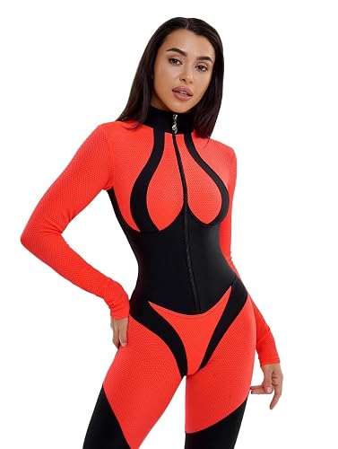 Bona Fide Workout Jumpsuits for Women - Butt Lifting Tummy Control | One Piece Outfit, Catsuit, Unitard, Onesie, Romper, Sculpting Sportswear for Yoga Gym - Small - Mistress Orange Neon