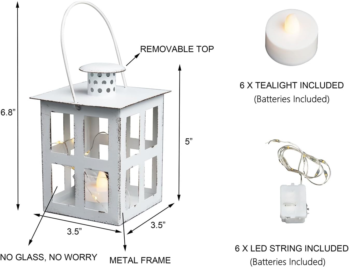 HPC Decor 6PCS Mini Lanterns Decorative for Wedding Centerpieces- Bulk Metal Candle Lanterns w/ LED Tealight & String- Modern Farmhouse Decor for Home, Party, Table, Fireplace, Shelf Decor (White)