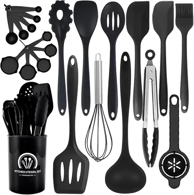 22Pcs Silicone Cooking Utensils Set, Kitchen Utensils Set, Heat Resistant Silicone Kitchen Spatulas Set with Holder, White Cooking Spoons Gadgets Tools Set for Nonstick Cookware (Black)