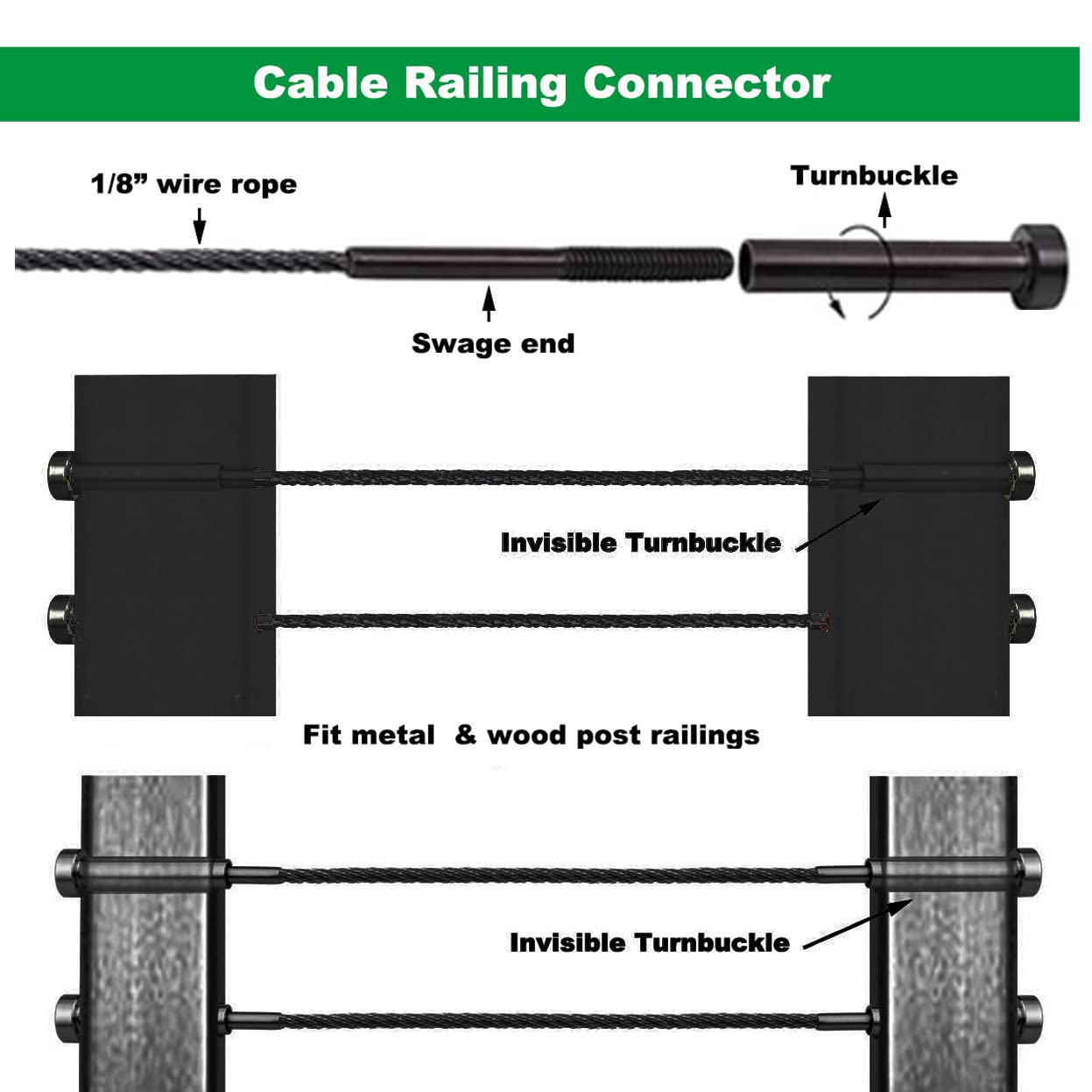 Black Invisible Turnbuckle Kit 1/8 Stainless Steel Cable Railing Hardware Kit 20 Pcs for Wood & Metal Post Cable Railing System