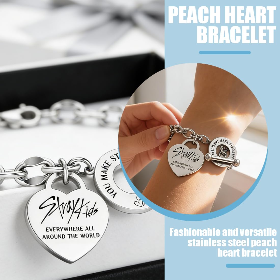 Stay Pulsera de acero inoxidable,Stay-Kids Merch,Pulsera Unisex de Plata,con Colgante de Corazón,Ajustable,Kpop Merchandise,Perfecto para Fans y Regalos