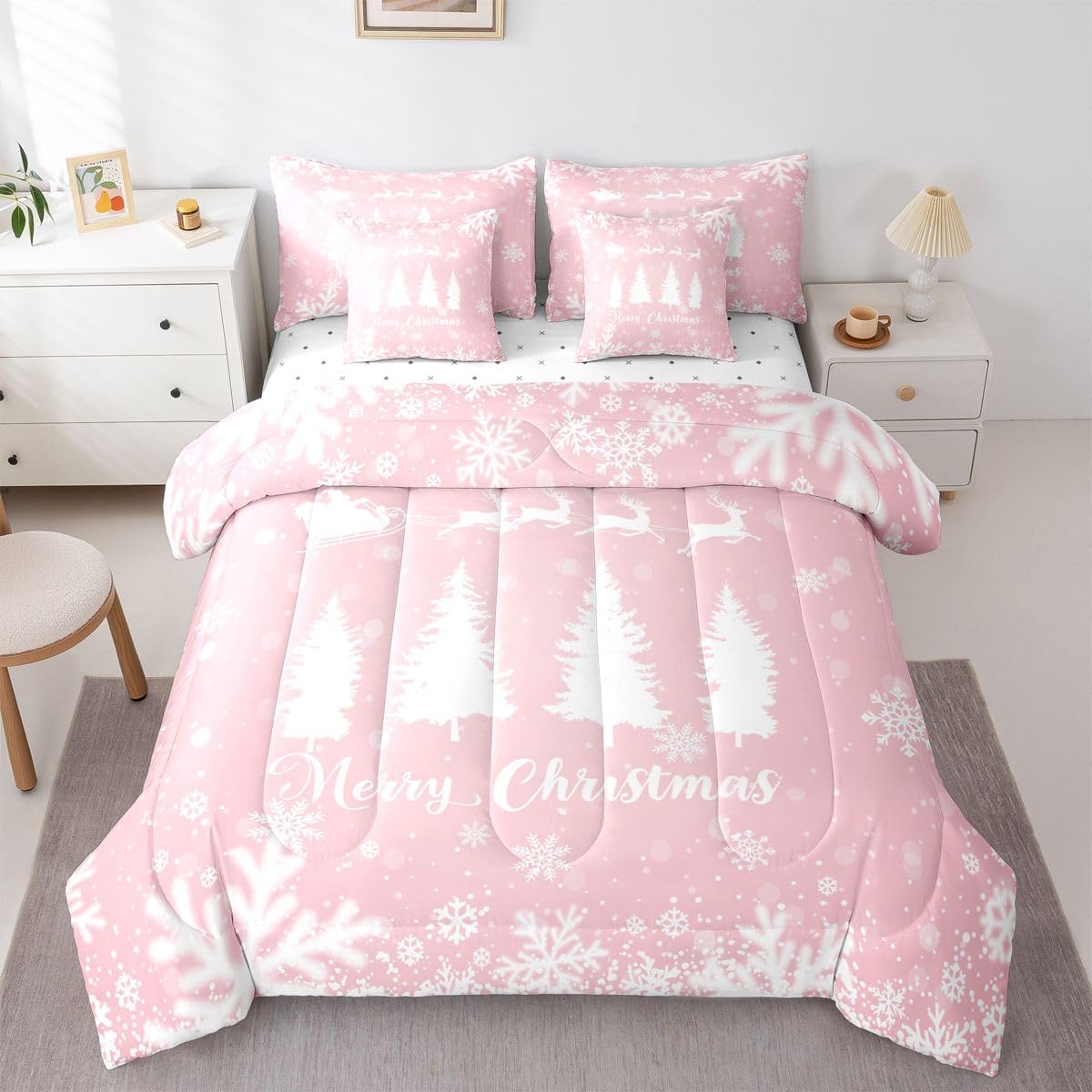 Feelyou Pink Christmas Comforter Set Merry Christmas Tree Bedding Set 7 Pieces for Kids Boys Girls Santa Claus Bedding Full Size Xmas Deer Elk （Comforter, Sheets, Pillowcases & Cushion Covers）