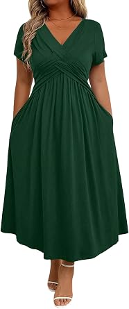 2025 Womens Summer Dress Plus Size Solid Color V-Neck Short Sleeve Ruched Pocket Long Casual Trendy Outfit