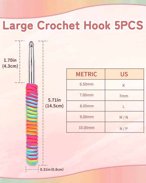 Coopay Large Crochet Hooks Set for Beginners Crafters, Non-Slip Spiral Grip | K/6.5mm, 7.0mm, L/8.0mm, M/9.0mm, N/10.0mm, Metal Crochet Needles for Blankets Scarves Sweaters, DIY Craft Gift for Beginners