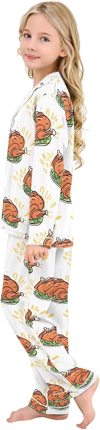 Kids Casual Satin Wear Set Cartoon Roasted Chicken Pattern Unisex Relaxed Fit Clothing