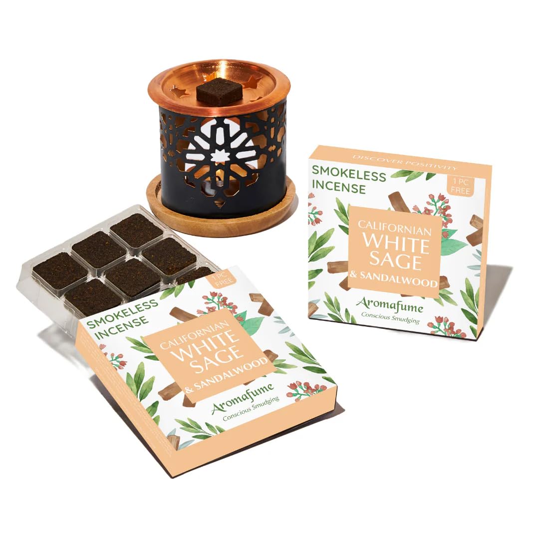Aromafume Sandalwood White Sage & Incense Bricks With Oriental Burner By | 2X9 Bricks | Sage Incense For Cleansing Negative Energy & Protection | Sage For Smokeless Smudging, Spiritual Cleansing