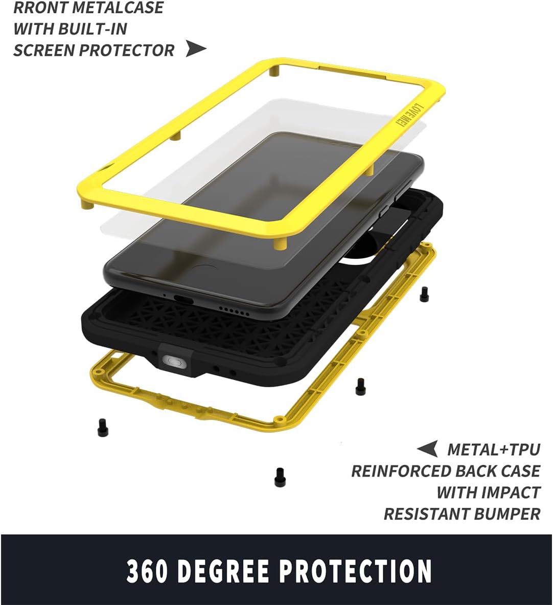 LOVE MEI for iPhone 15 Pro Max (6.7) Metal Case, Heavy Duty Metal Military Grade Shockproof Dustproof Full Body Case with Built in Tempered Glass Screen Protector for iPhone 15 Pro Max (Yellow)