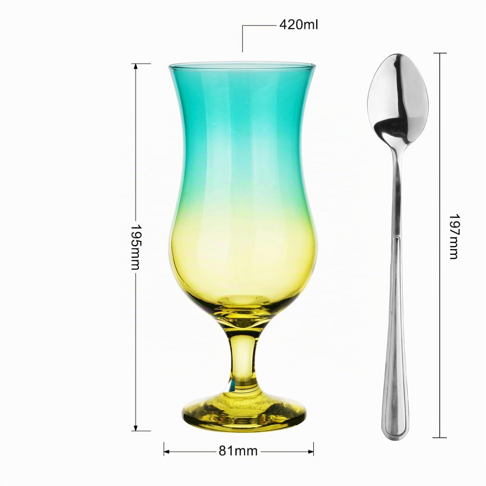 Glasmark KROSNO 1992 Juego De 6 Vasos Alto Para Cócteles 420 ml Transparentes Copas De Vidrio Para Agua Succo Cerveza Long Drink Amarillo Turquesa Con Cucharillas