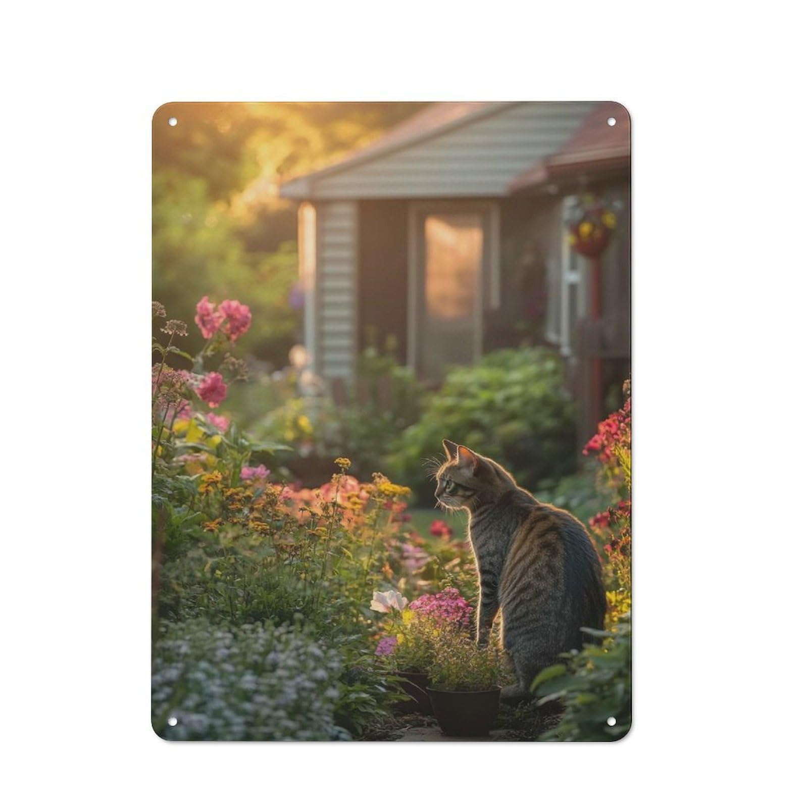 Junmoney Cat In A Garden At Sunset Metal Plaque 40X30cm With For Hallway Wall, Retro Decor, For Themed Interiors In Hallways And Entrance Areas