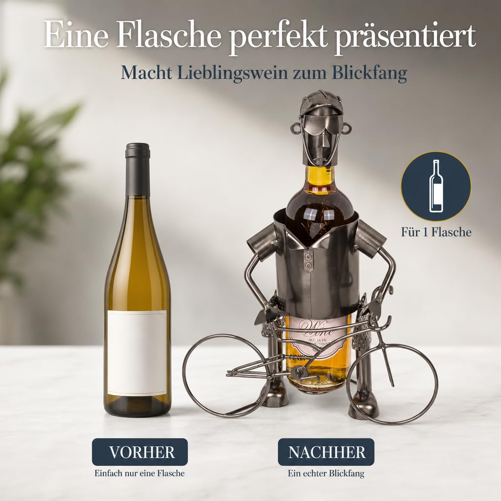 MIJOMA Weinflaschenhalter Fahrradfahrer aus Metall – Deko-Weinständer für 1 Flasche, Handarbeit, originell für Radfahrer, Flaschenhalter Eisen, 25x13x20,5 cm