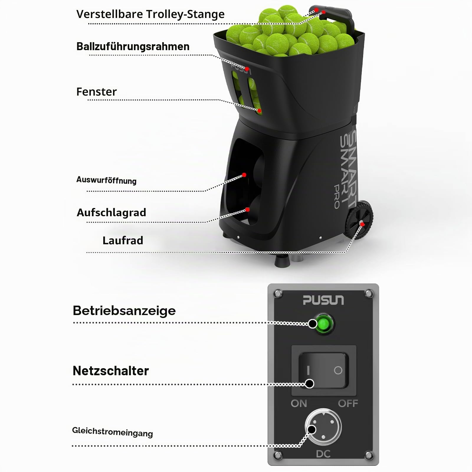 Padel Ballmaschine PT Smart PRO Padel-Trainingsgerät mit App-Steuerung für Android/iOS & Apple Watch, große Kapazität, tragbarer Ballwerfer, 20 Landepunkte, 3-40 m Entfernung