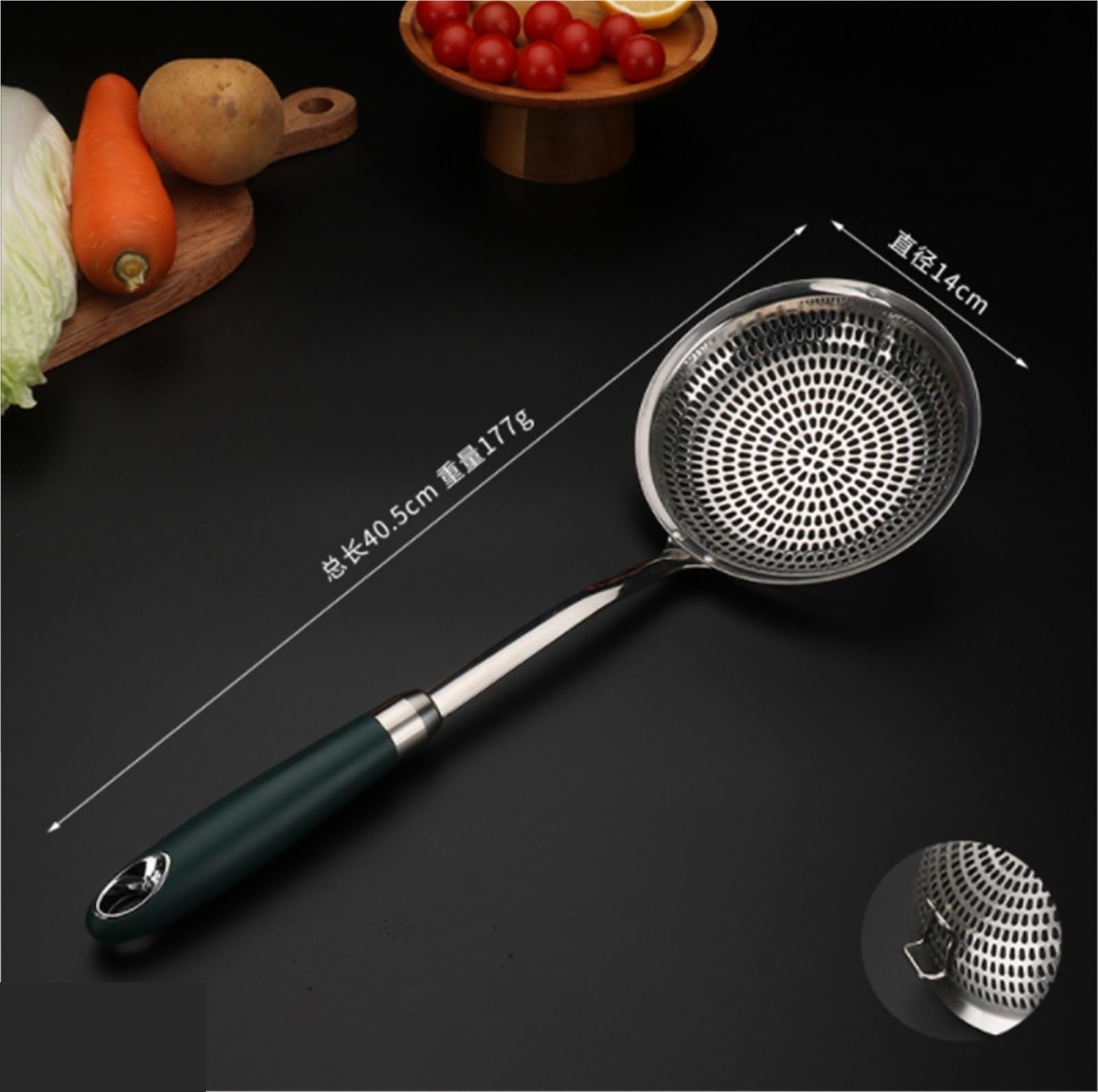 Espumadera, Colador De Cocina, Espumadera De Cocina, Red De Drenaje De Acero Inoxidable, Mango Largo Fangtan Cuchara Coladora(Green-with Hook,40cm)
