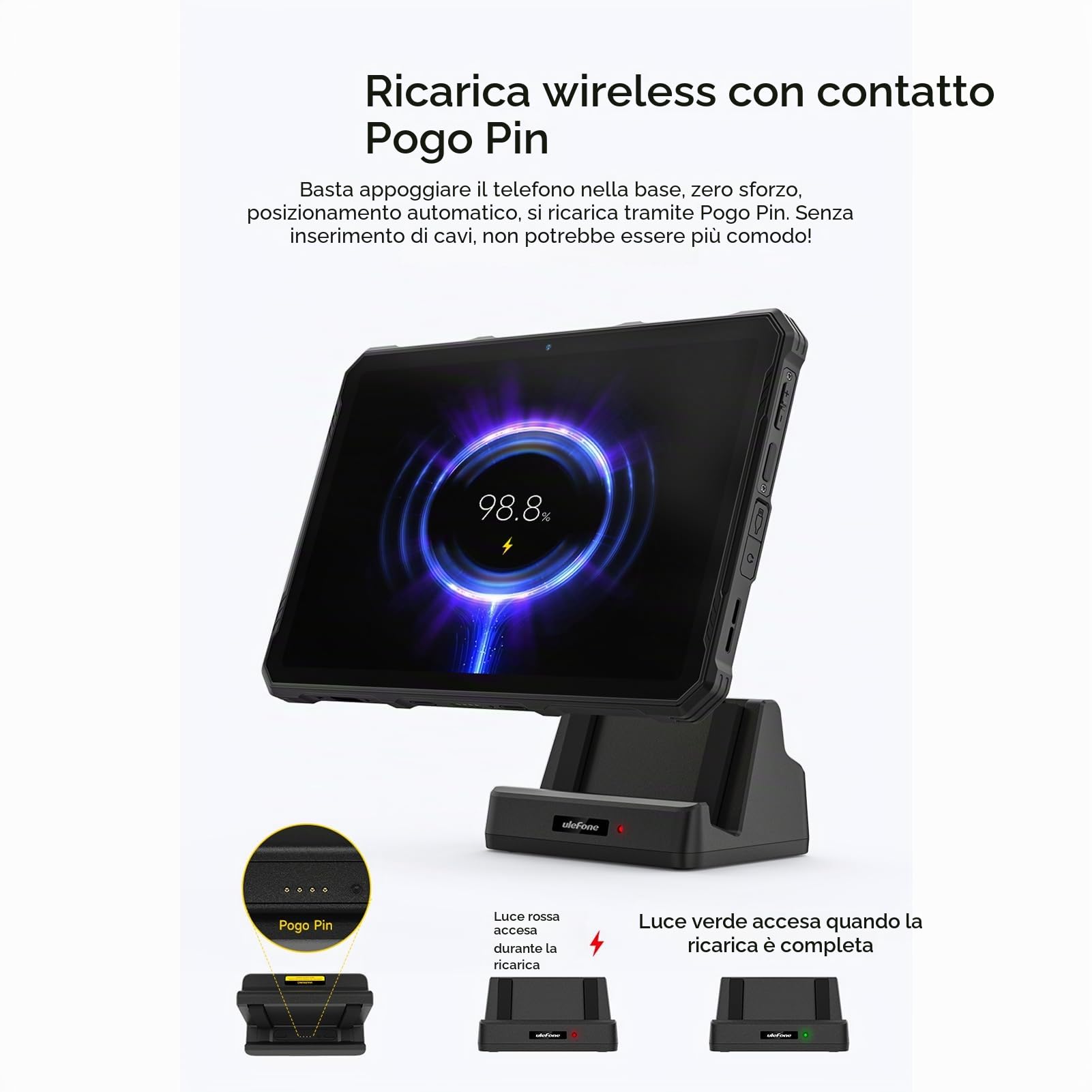 Ulefone Dock di Ricarica da Scrivania 10W, Ricarica, Doppia Uscita, Supporto Caricatore 2-in-1 con Connettore Pogo, per Armor Pad 4T/4 Ultra Tablet