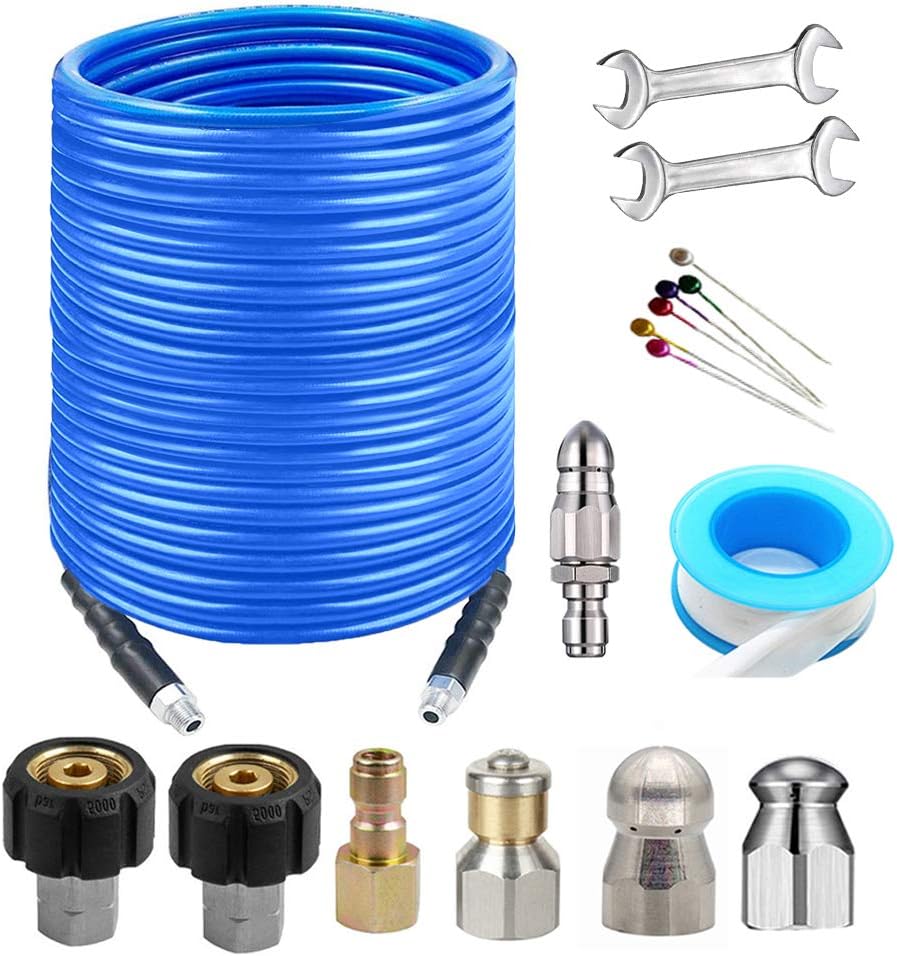 iMeshbean 150 ft Sewer Jet Hose 1/4 Inch NPT Sewer Jetter Kit for Pressure Washer 5800PSI with Button Nozzle Rotating Nozzle M22 Coupler Easy to Use