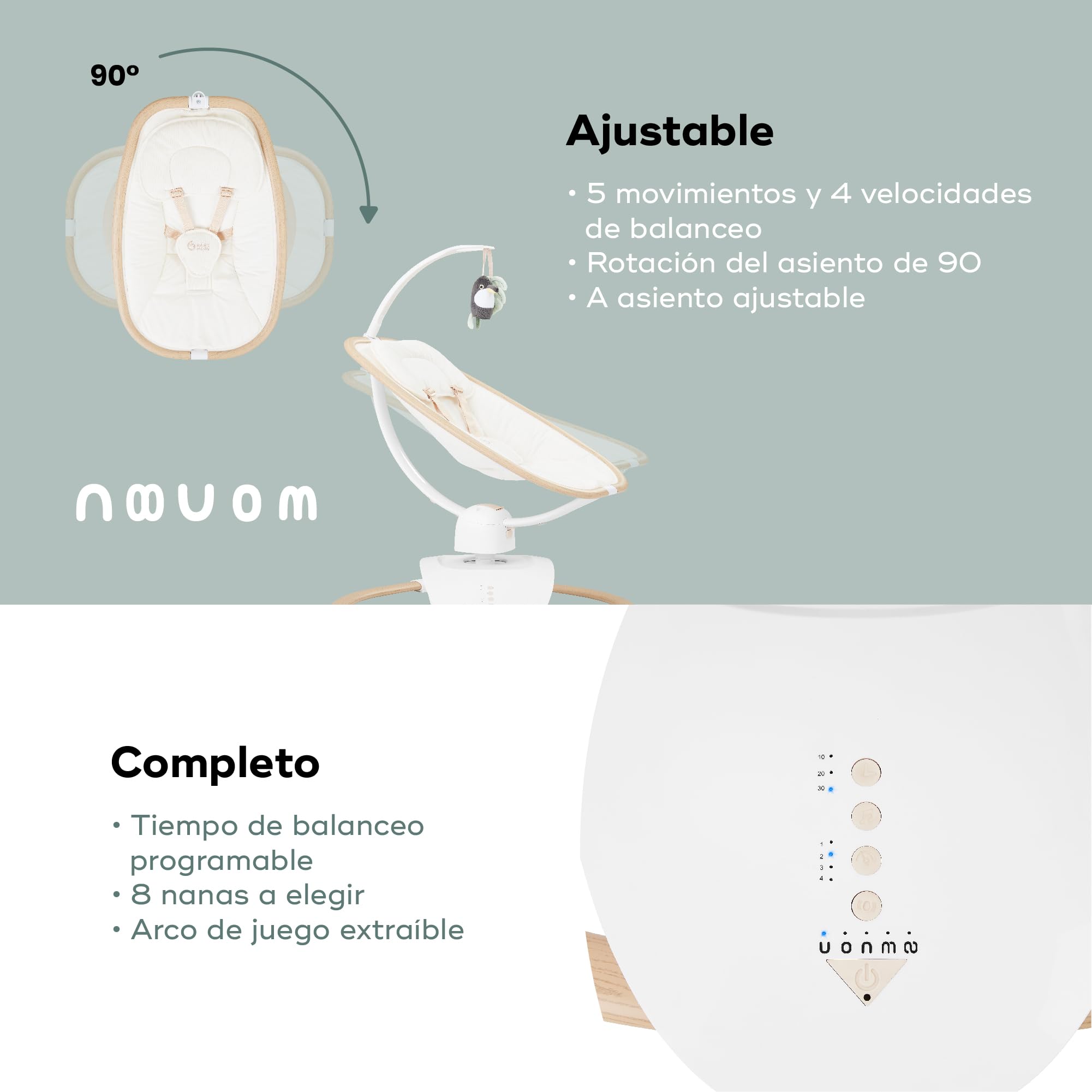 Babymoov Balancín eléctrico para bebé Swoon Hoop - Diseño Elegante - Asiento de 90° - 5 Movimientos de balanceo - Arco de Juego y Reductor para recién Nacido incluidos