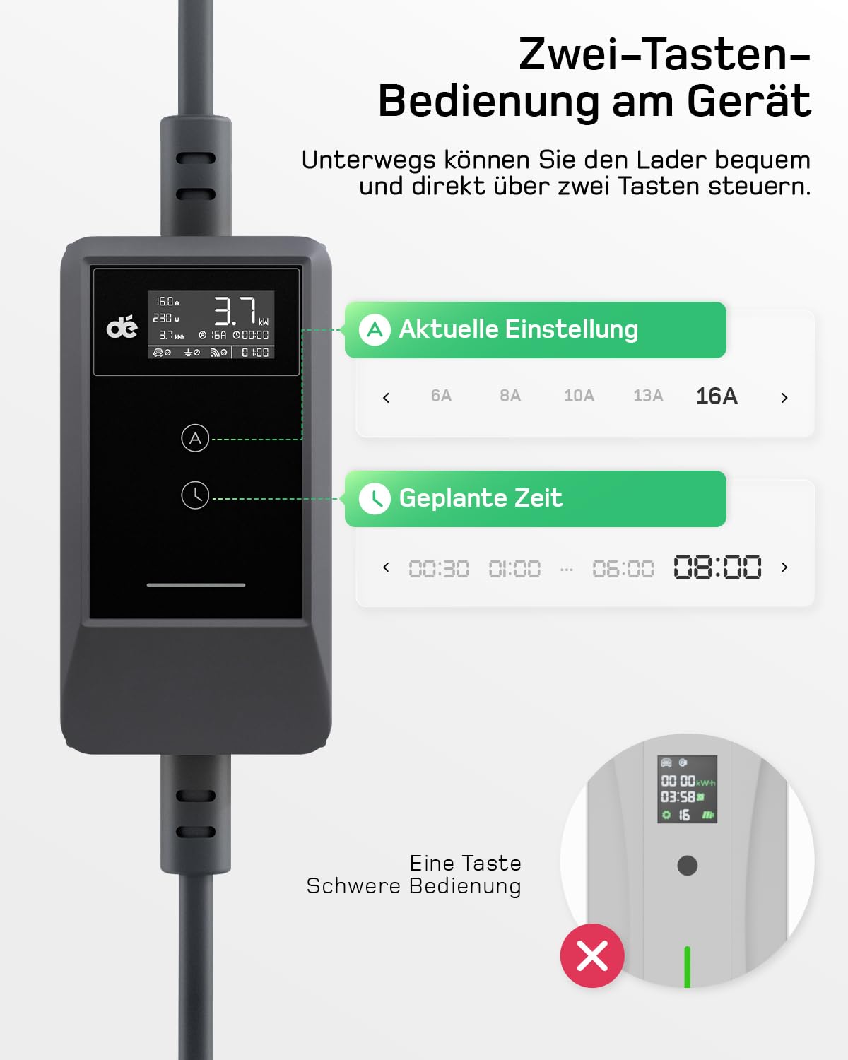 dé Typ 2 Ladekabel Schuko mit APP 3,7kW [7m, 6-16A, 1-phasig] Ladekabel Typ 2 Schuko mit Fernsteuerbarer Leistung - EV Charger 3,7kW für e Auto ID.3/4/5/7, Model Y/3, ENYAQ und Anderen PHEV/EV