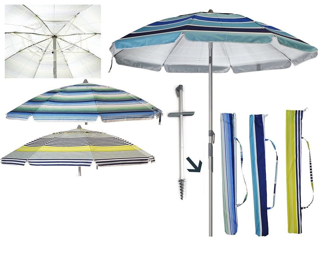 Generico Ombrellone da Spiaggia, 200 cm, con Trivella, 8 Stecche in Fibra di Vetro, Palo in Alluminio, Rivestimento Argento