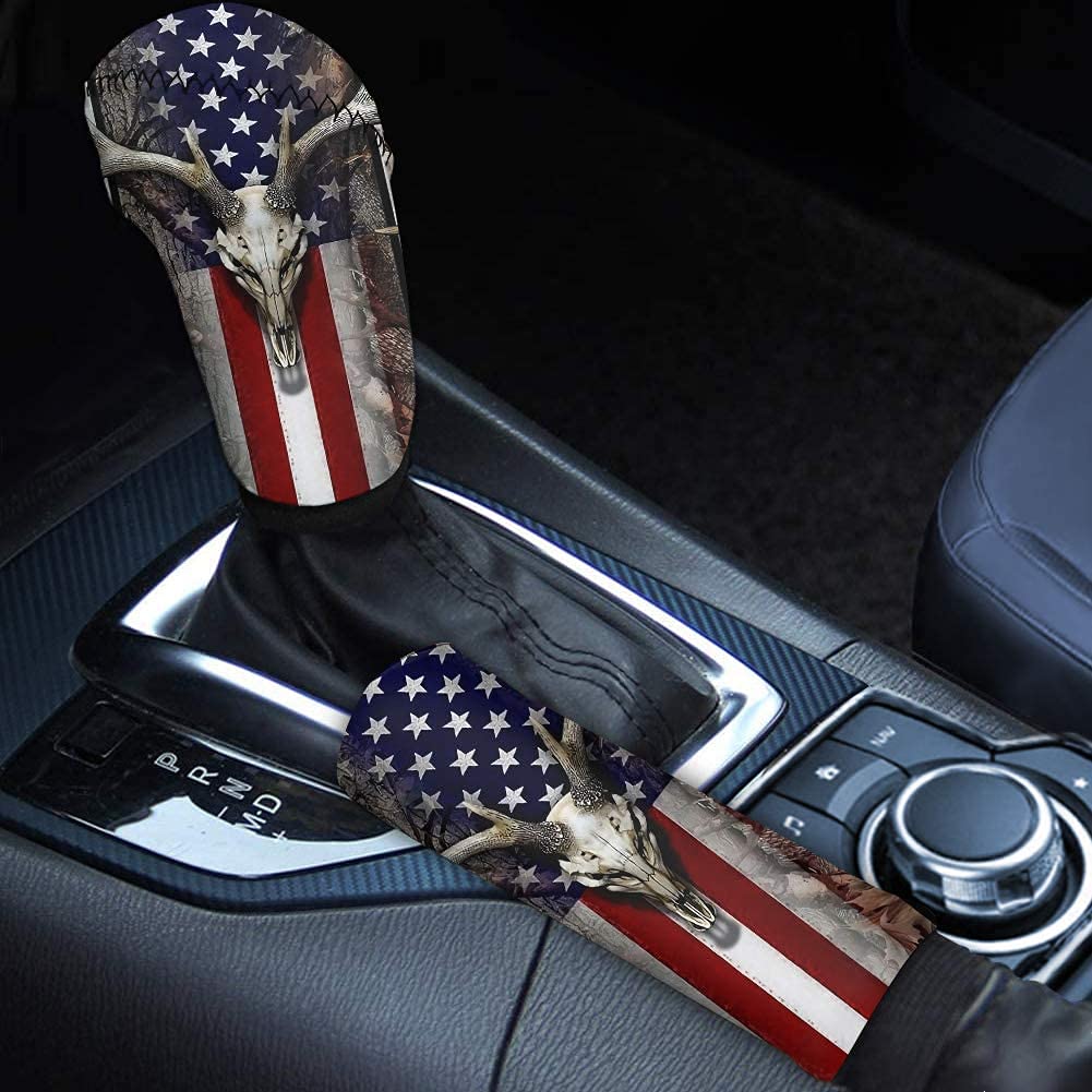 KEIAHUAN American Flag with Wood Animal Print Automotive Gear Shift Knob Cover and Hand Brake Cover Stick Protector 2 Pcs Set Car Replacement Accessories