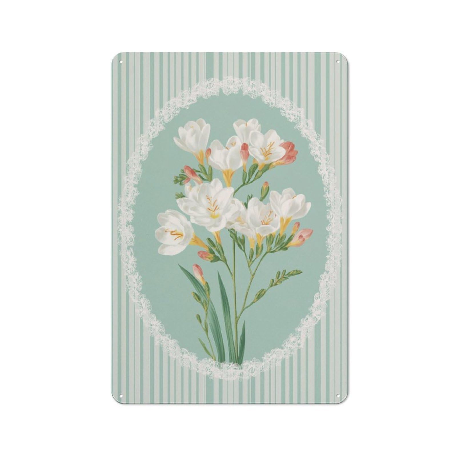 Jubonexis Pastel Mint And White Striped Flowers Tin Metal Signs Wall Art Decorations for Bar Pub Club Cafe Room Farmhouse White 30x20cm