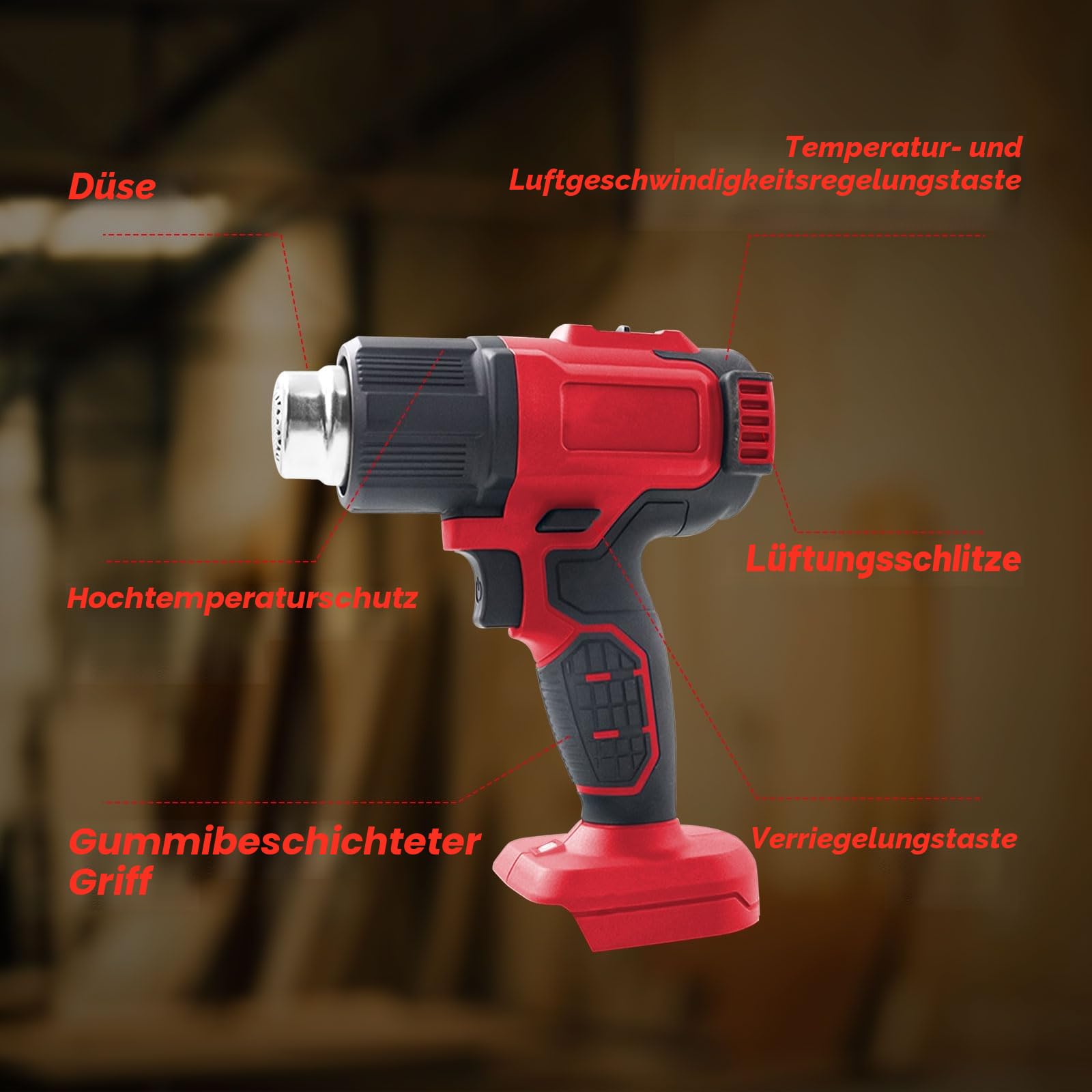 Akku-Heißluftpistole für Milwaukee 18 V Akku, schnurlose Heißluftpistole mit LCD-Display und 5 Düsen, 50 °C - 550 °C, variable Temperaturregelung zum Schrumpfen von PVC, Basteln (keine Batterie)