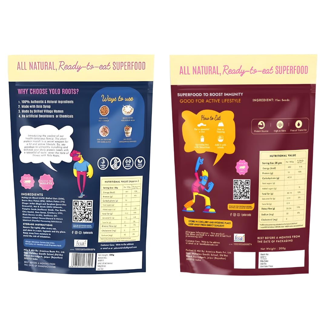 Yolo Roots Vegan Pro Protein Muesli 400g & Roasted Flax Seeds 200g Combo | 16g Plant Protein Multigrain Breakfast Cereal, No Added Sugar, Gluten Free & Omega-3 Superfood Seeds (Pack of 2) 1