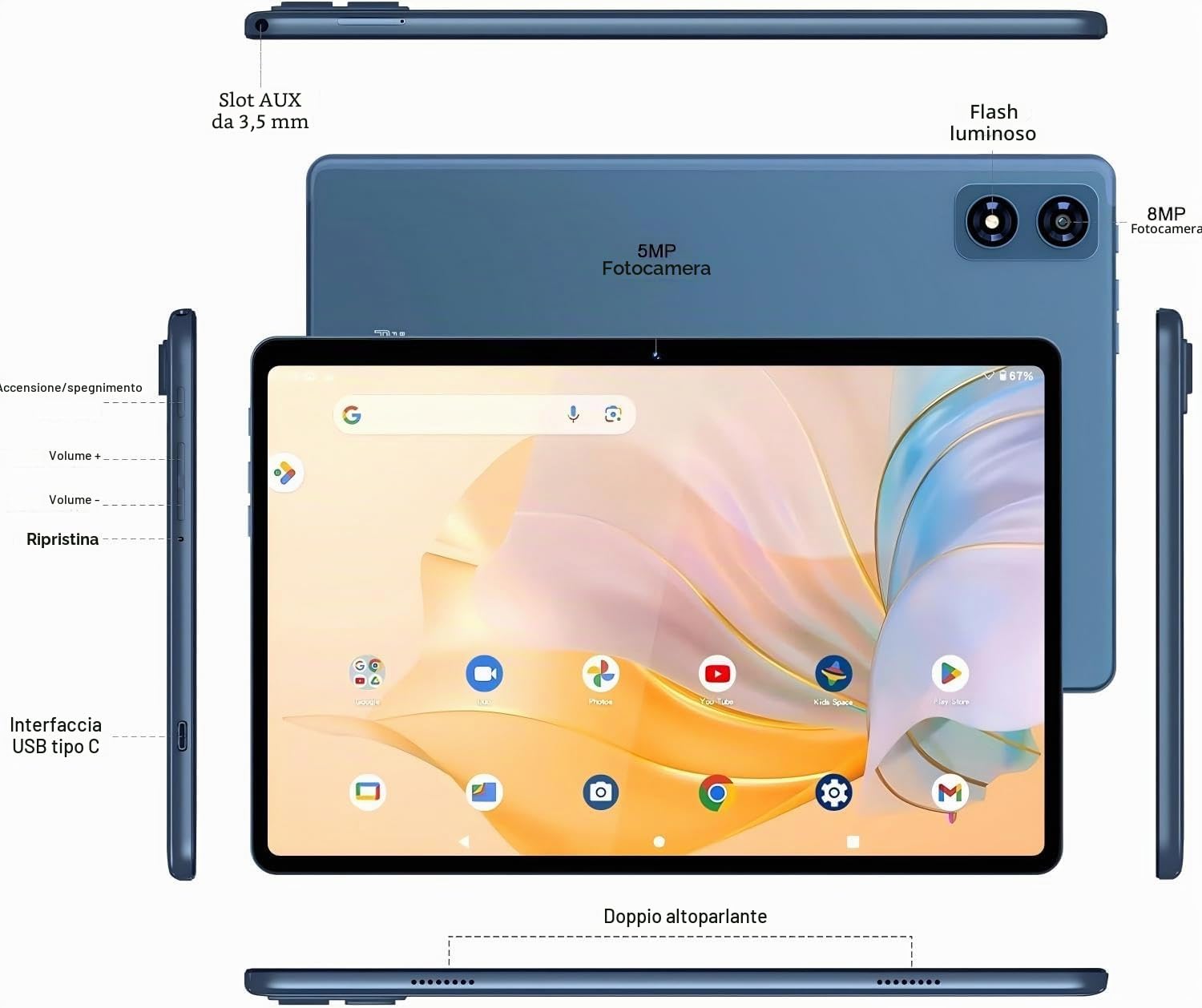 fezawio Tablet Android 10 pollici, 22 GB RAM + 128 GB ROM, Widevine L1, blu | con tastiera mouse, 8000 mAh, Octa-Core, 5G WiFi, 1 TB di memoria estesa, 5MP+8MP