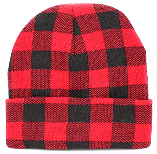 Kbw-285 Blk-Red Classic Men's Women's Cuffed Folded Acrylic Knit Beanie Hat Buffalo Plaid Solid Unisex Cold (One Size, Black Red Buffalo Plaid) #TOP8