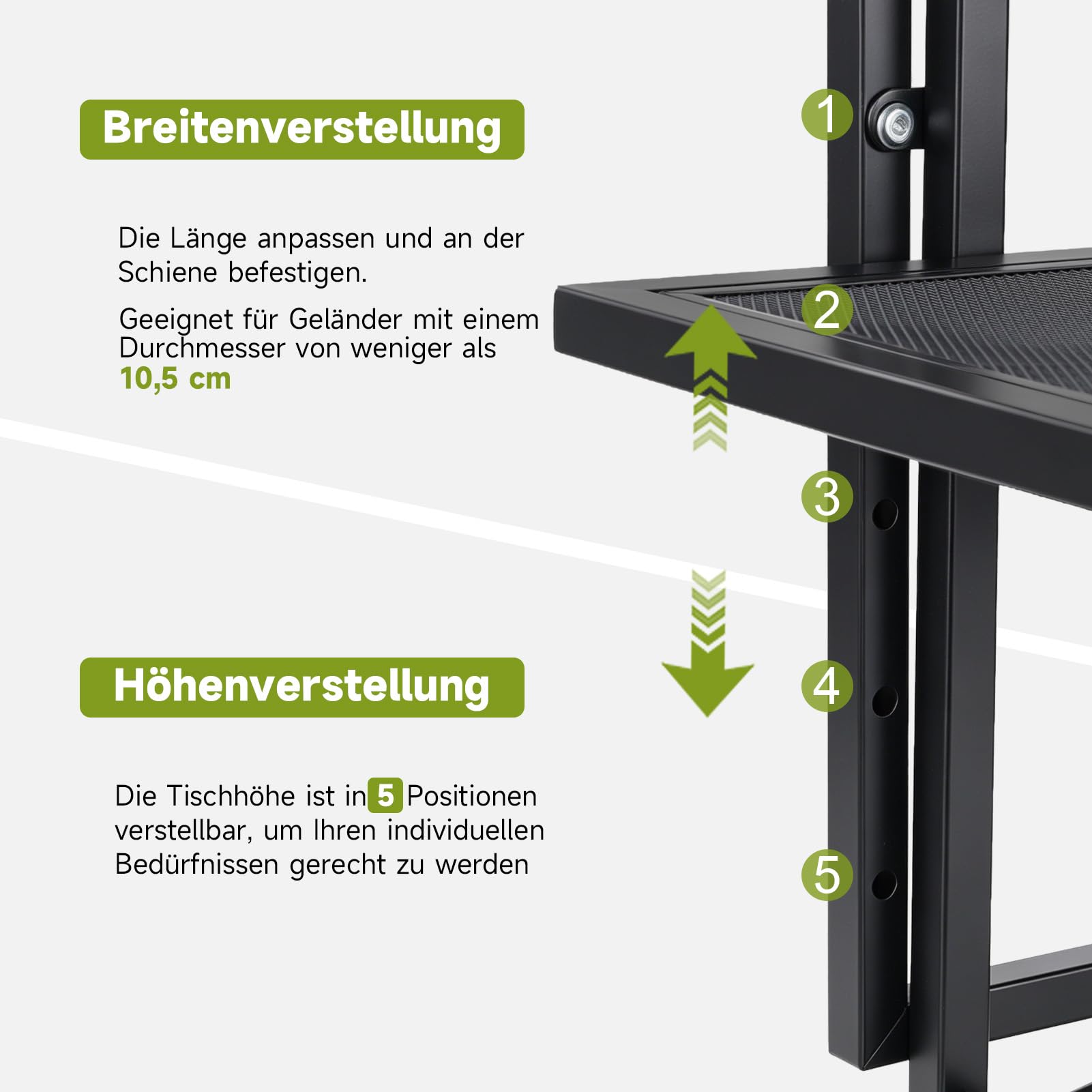 papasbox Table de balcon pliable - 60 x 40 cm - Réglable en hauteur sur 5 niveaux - Table suspendue pour balcon et terrasse