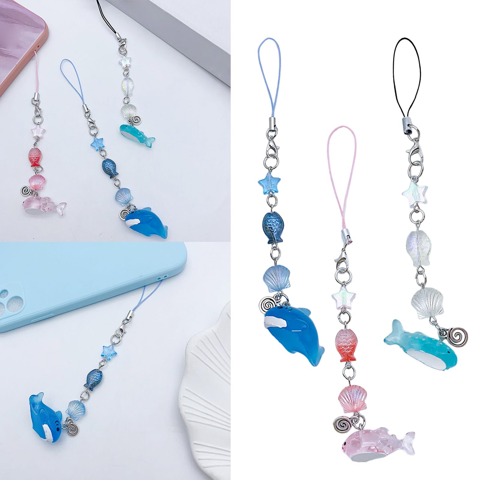 LEYILE Marine Phone Chain Strap Fish Charm Star Beaded Keychain Phone Lanyard Acrylic Keyring Bag Pendant Jewelry Gift