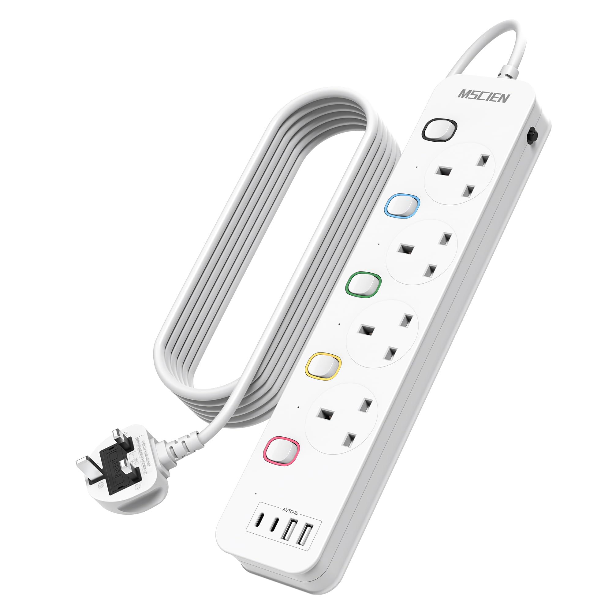 Mscien Extension Lead with USB Slots 6M, 4 Way Switched Extension Lead with Wall Mount, Overload Protection Power Strip, USB-C Slots, for Home, Office, 13A/3250W