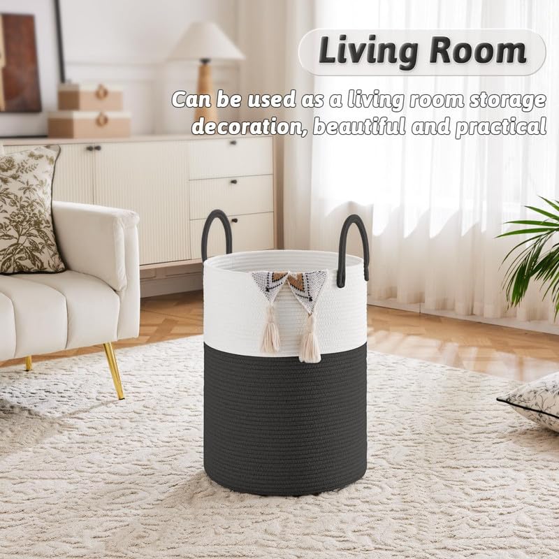 Image of Storage Rope Laundry Hamper Basket for Clothes, Towels and Blankets in Livingroom, Bedroom, Laundry Room and Basket for Nursery Storage (Size - 14 inch x 14 inch x 18 inch) (Black White)