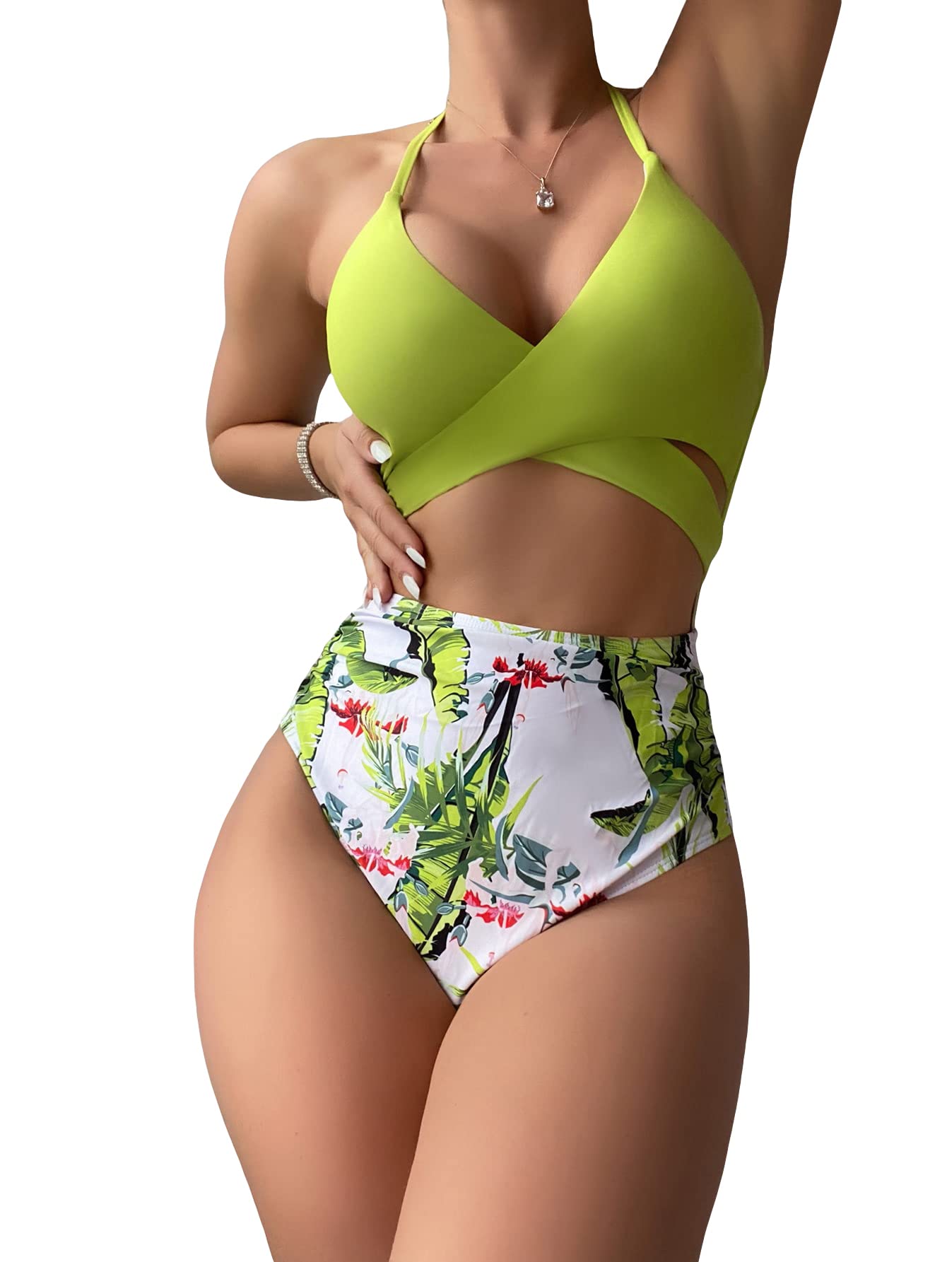 MakeMeChicWomen's Tropical Print Halter Cross Wrap Cut Out One Piece Swimsuit Monokini Bathing Suit