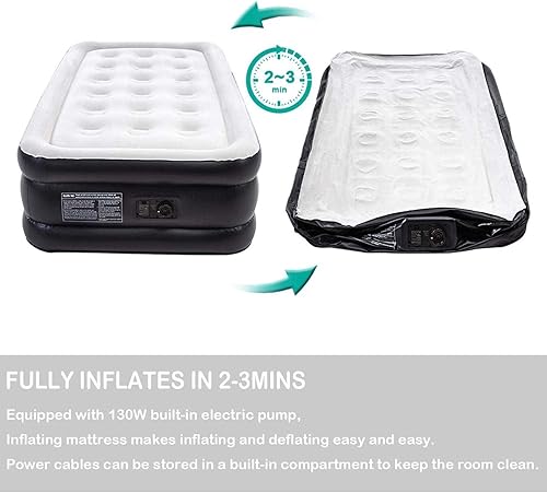 Miniatura 2 de Colchón de aire de tamaño individual de PVC con bomba integrada, 18 pulgadas, cama de aire doble alta de 3 minutos de infladodesinflación rápida