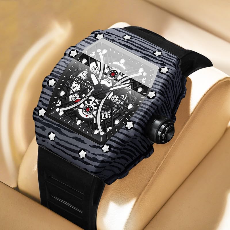 Image of Giordano Analog Square Watch for Men with Skeleton Design, Rugged Textured Case, Luminous Hands, and Silicone Strap