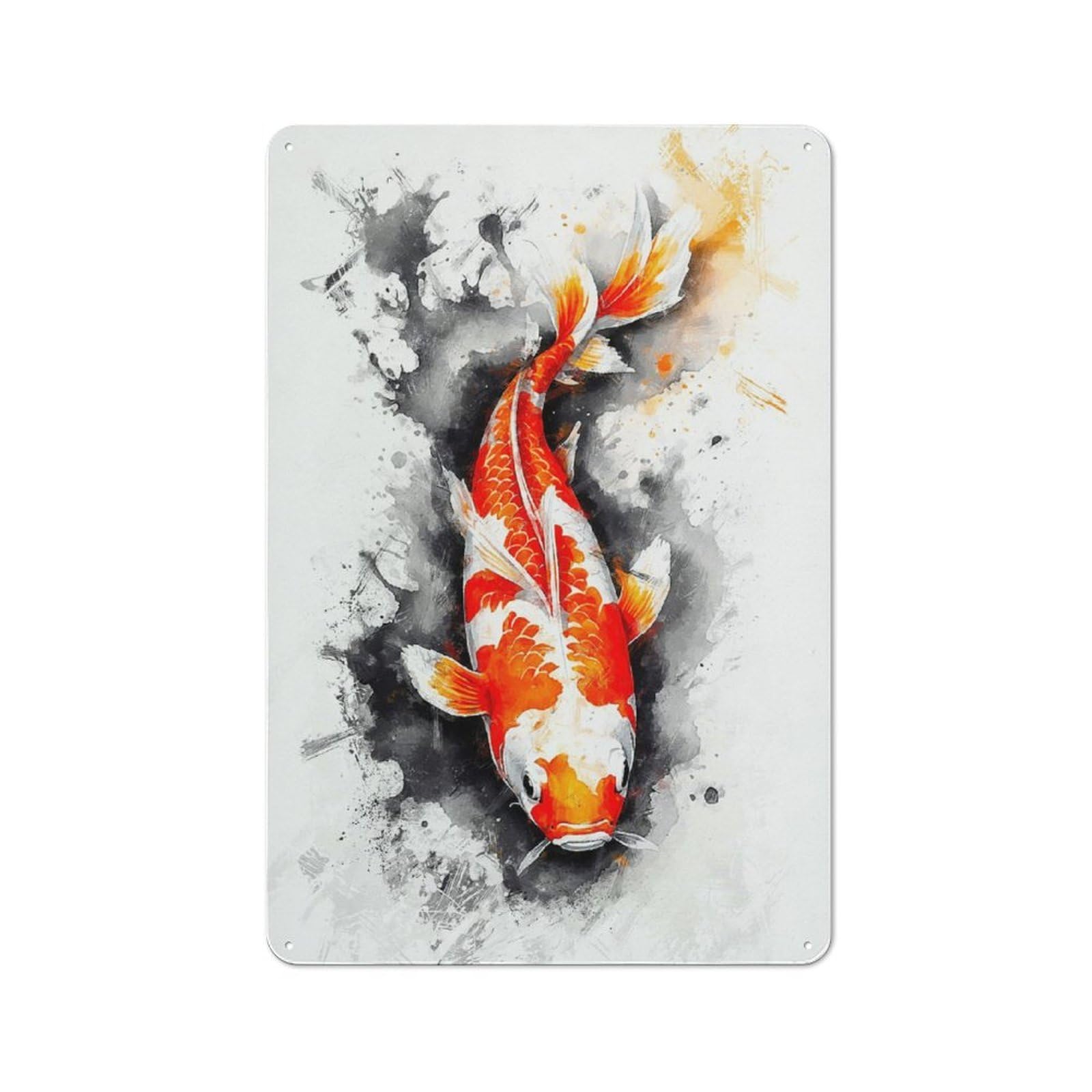 Junmoney Style-17 30X20cm Retro Tin Sign With Blazing Koi For Lounge Or Reading Corner, A Decorative Metal Sign For Lounges And Reading Corners