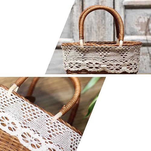 Miniatura 6 de KESYOO Cesta de flores para boda, tejido natural, con cesta de encaje, portátil, decoración de flores para boda (café)