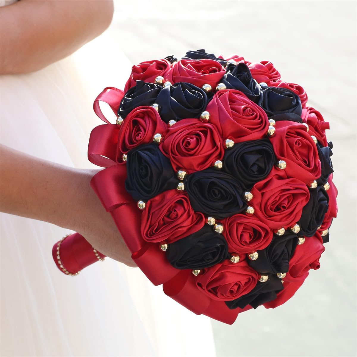 8.7" Ruby Red & Black Bridal Wedding Bouquet Round Holding Bouquet Throw Toss Artificial Rose Flower Bunch for Bride Bridesmaid Wedding Quinceanera